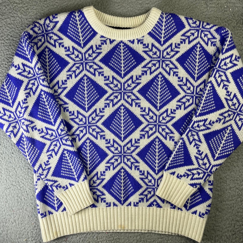 Mountain Woolens Sweater Womens M Blue Cream Snowflake Wool Blend USA Made